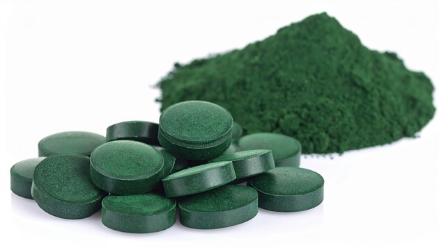 Spirulina powder and tablets isolated on white background