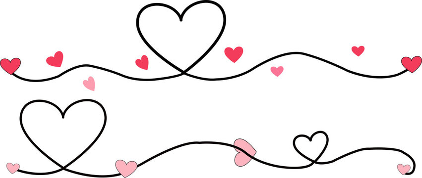 Continuous line drawing with pink heart shapes for romantic design