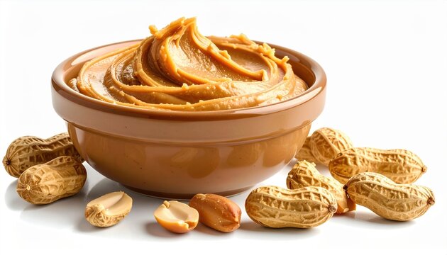 Creamy peanut butter spread with roasted peanuts isolated on white background
