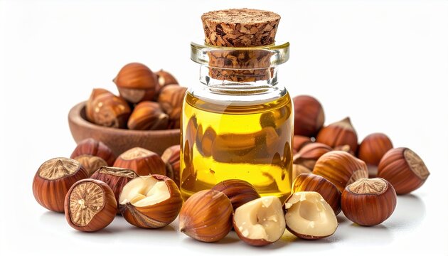 Bottle of hazelnut oil with roasted hazelnuts isolated on white background