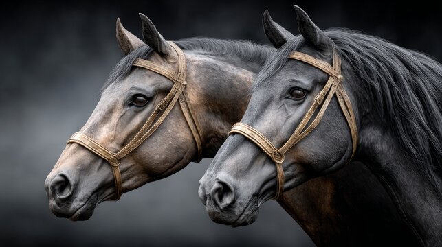 Two horses standing side by side with bridles in a dark setting