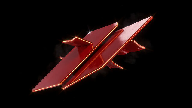 A close-up view of sharp red metallic triangular plates with glowing orange edges, arranged in a layered, abstract 3D structure that appears to be floating or rotating against a solid black background