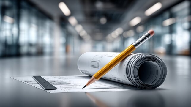 Architectural plans and pencil on workspace table in modern office environment
