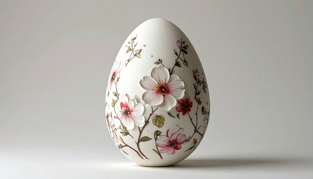 White Easter egg decorated with elegant spring flowers, minimal holiday design
