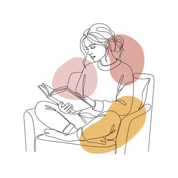 Minimalist continuous line art illustration of a woman reading a book comfortably in an armchair