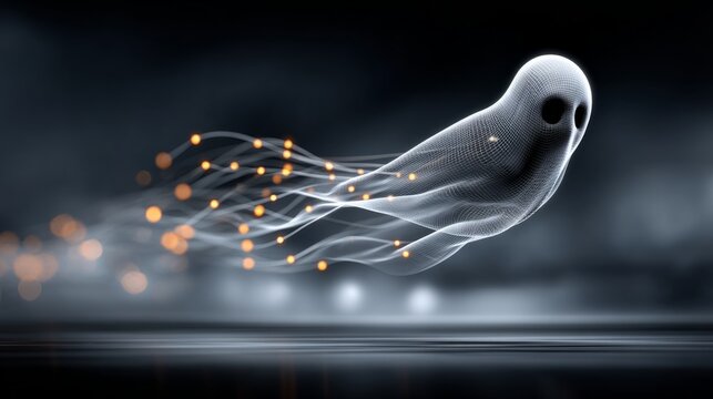 Ghost figure moving with glowing orbs in a dark atmosphere