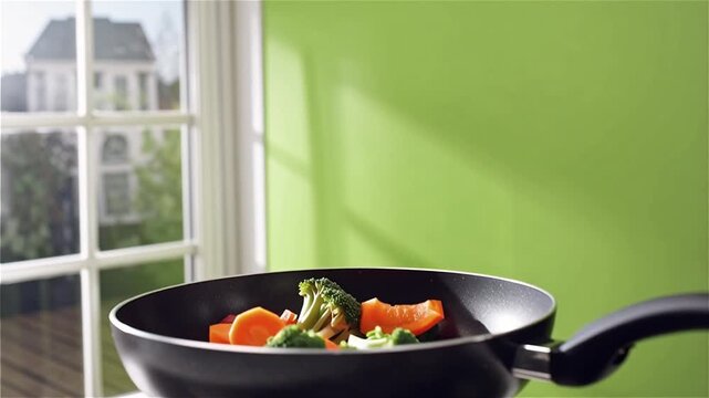 Frying Pan Tossing Vegetables Vector Animation Chroma Key Green Screen 5 Seconds Video