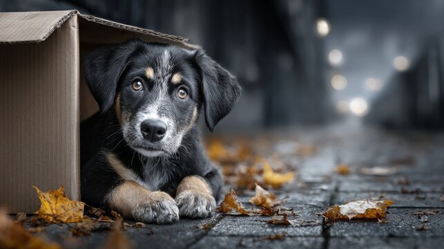 Puppy finds shelter in a cardboard box on a city street