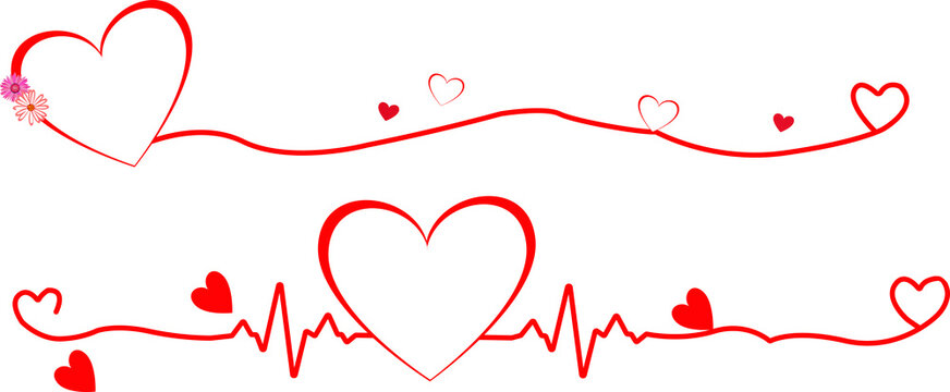 Red heart shapes and heartbeat pulse lines for romantic design