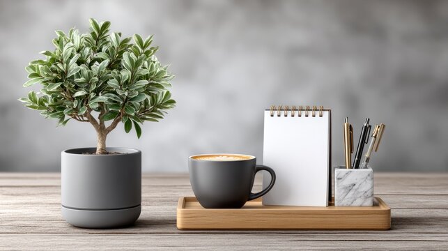 Cozy workspace setup featuring a plant, coffee, and stationery on a wooden table