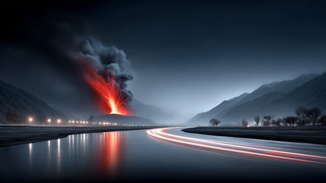 Volcano erupts near river with light trails from moving vehicles at night