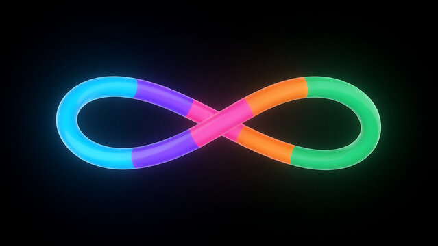 A 3D rendered infinity symbol made of a smooth, colorful tube with segments of blue, purple, pink, orange, and green, glowing against a solid black background, representing endlessness and unity