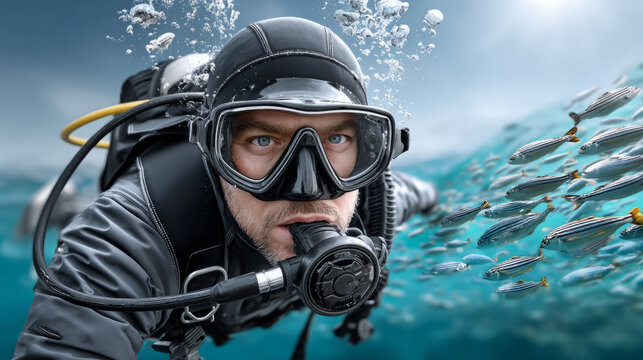 A diver explores underwater life, surrounded by colorful fish in a bright blue ocean