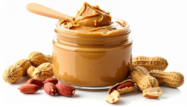 Glass jar of creamy peanut butter isolated on white background