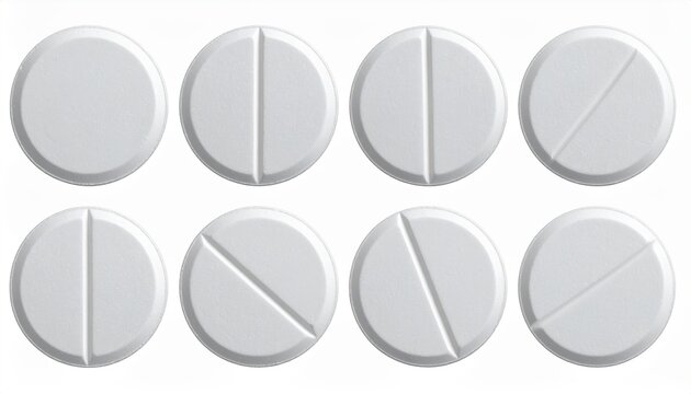 Set of white round medical pills isolated on white background