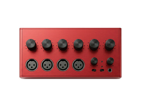 Red audio mixing console with multiple knobs and XLR inputs displayed against transparent background.