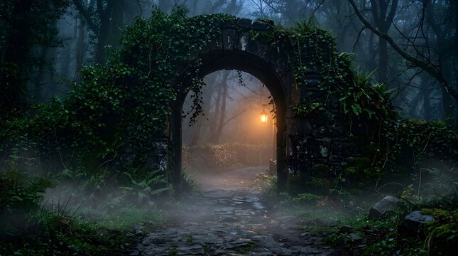 Ancient stone archway covered in ivy standing in a dark foggy forest with a glowing light at night 