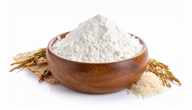 Bowl of rice flour isolated on white background