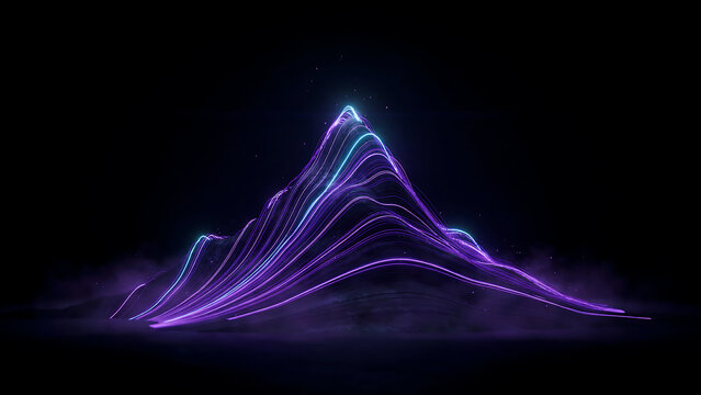 Abstract mountain landscape formed by glowing purple and cyan neon light lines, resting on a dark misty surface, representing digital terrain, data visualization, and futuristic landscape concepts