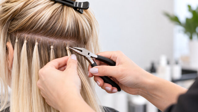 Stylist installing micro bead hair extensions with pliers in salon