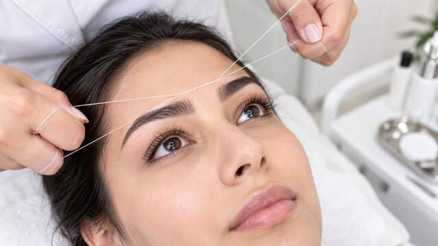 Beautician shaping eyebrows with threading technique in beauty salon