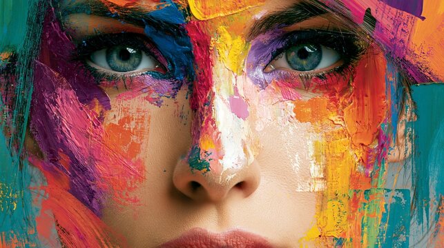 Woman with intense blue eyes decorated in vibrant thick oil paint brush strokes displaying creative artistic flair and abstract style