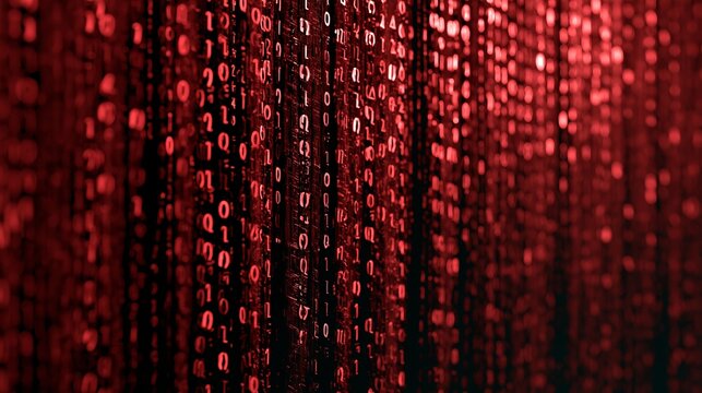 Red binary code streams falling vertically against a dark background creating a cyber security aesthetic for modern technology digital themes