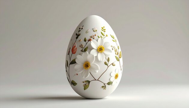 White Easter egg decorated with elegant spring flowers, minimal holiday design