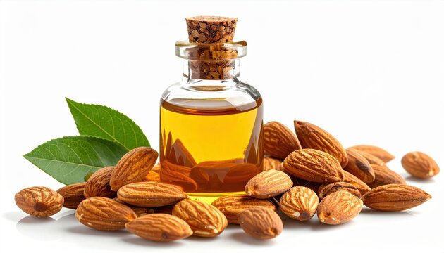 Bottle of almond oil with fresh almonds, isolated on white background, cosmetic and culinary ingredient photography
