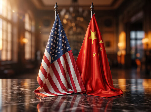 national flags of the usa and china are placed side by side on a marble table in an official hall symbolizing global politics economic negotiations international relations and diplomacy