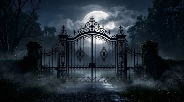 Wrought iron gate standing in a dark forest under a full moon with misty atmosphere for halloween 