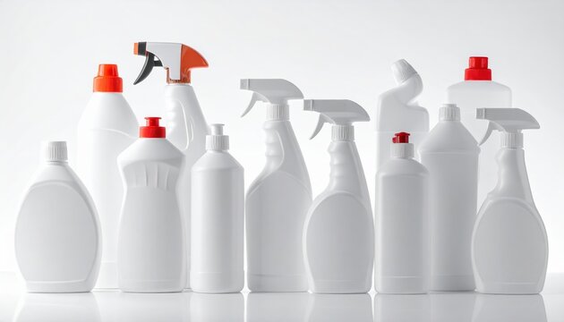 Collection of white plastic cleaning bottles with spray bottles, detergent containers and refill bottles, isolated on white