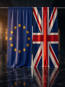 european union and united kingdom flags hanging side by side in an official hall symbolizing political relations negotiations international agreements diplomatic context and brexit