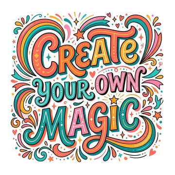 Create Your Own Magic lettering design with hand drawn typography on white background. Motivational quote vector art with typographic elements for prints