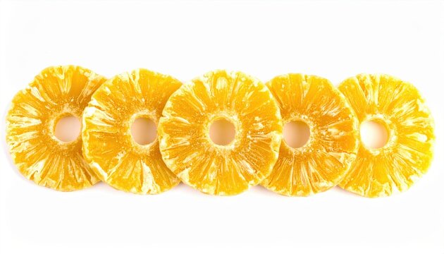 Row of freeze-dried pineapple slices isolated on white background