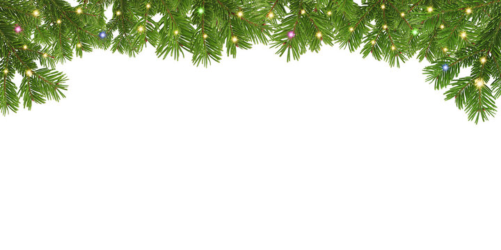 Christmash Fir frame with lights, Christmas wreath with glowing Christmas lights. Christmas tree border decoration	