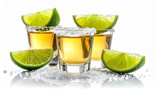 Premium tequila shot with lime wedge and salt isolated on white background