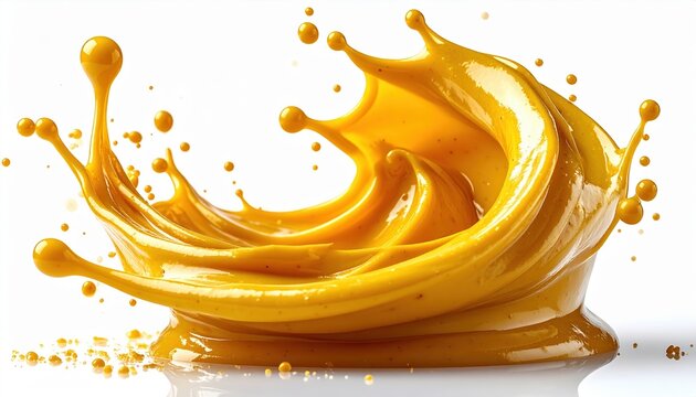 Golden mustard swirl splash suspended in motion, isolated on white, high-speed food photography, clean edges, glossy texture, premium advertising style