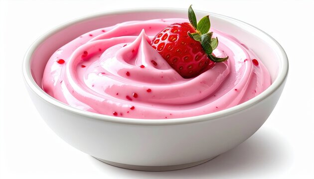 Bowl of creamy strawberry yogurt isolated on white background