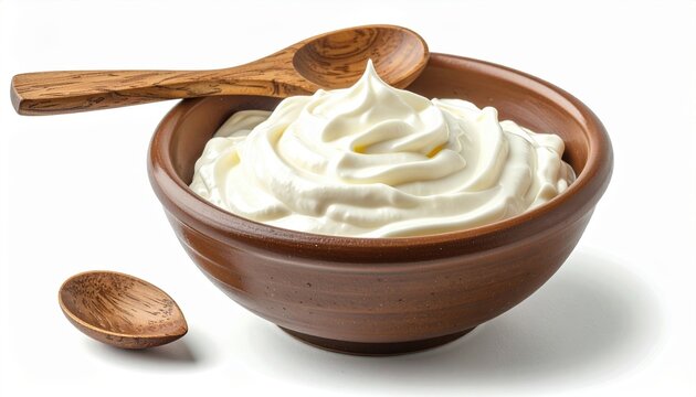 Brown ceramic bowl with wooden spoon filled with fresh sour cream isolated on white background