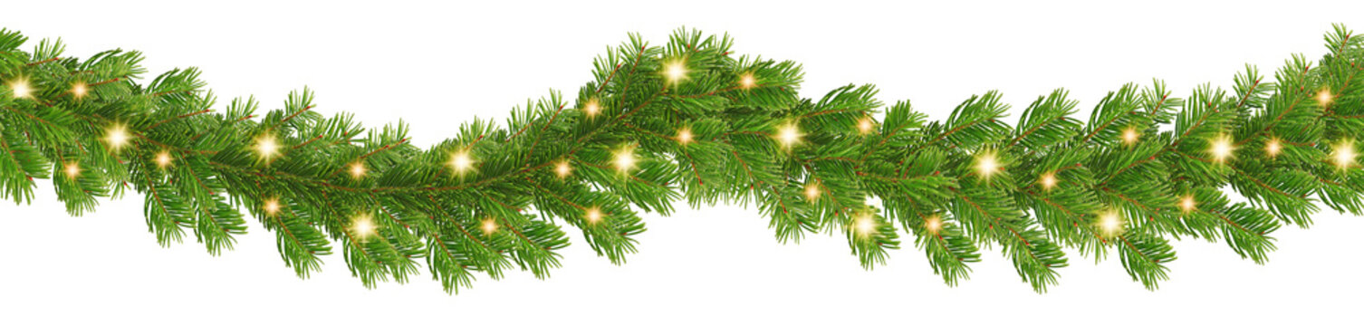 Horizontal Christmas garland with pine cones, fir branches, holly berries, glowing lights, and balls. Perfect for holiday banners, cards, and transparent background	
