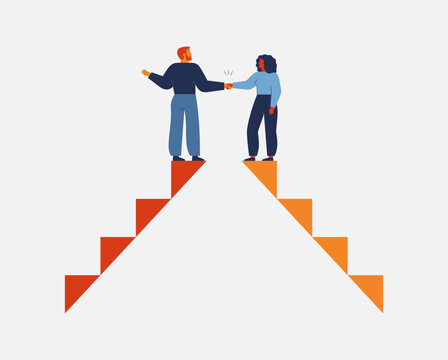 communication among equals. partnership concept with people handshake. man and woman stand on high ladders same status, rights, level of knowledge, or social standing. Business vector illustration