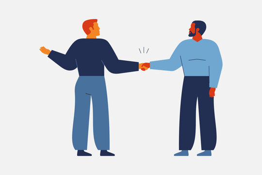 Handshake between businessmen. Male partners respectfully shake each other's hands. Teamwork and corporate communication concept. Vector illustration