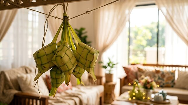 Ketupat hanging as traditional decoration for eid alfitr celebration in a cozy living room