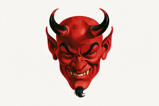 Red devil face with black horns, fangs and goatee, comic illustration