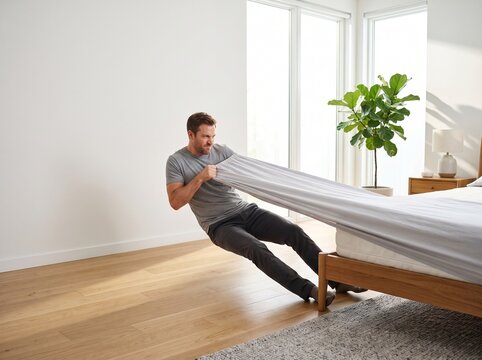 Man pulling a fitted bed sheet over a corner of the mattress