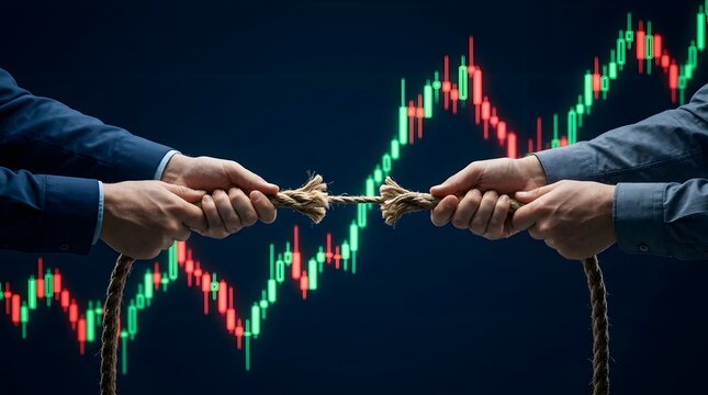 Dramatic representation of market volatility with hands pulling a frayed rope in tug of war against a financial candlestick chart background symbolizing economic crisis and business pressure.