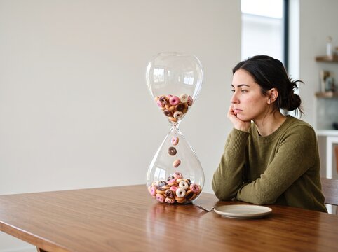 Woman watching donut sand falling through giant hourglass on table