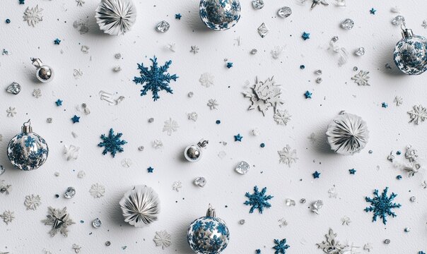 Blue and Silver Christmas Ornaments on White Background