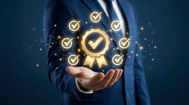 Businessman holding futuristic golden quality assurance checkmark icons and certification medal, representing excellence and standard compliance in a professional corporate environment.